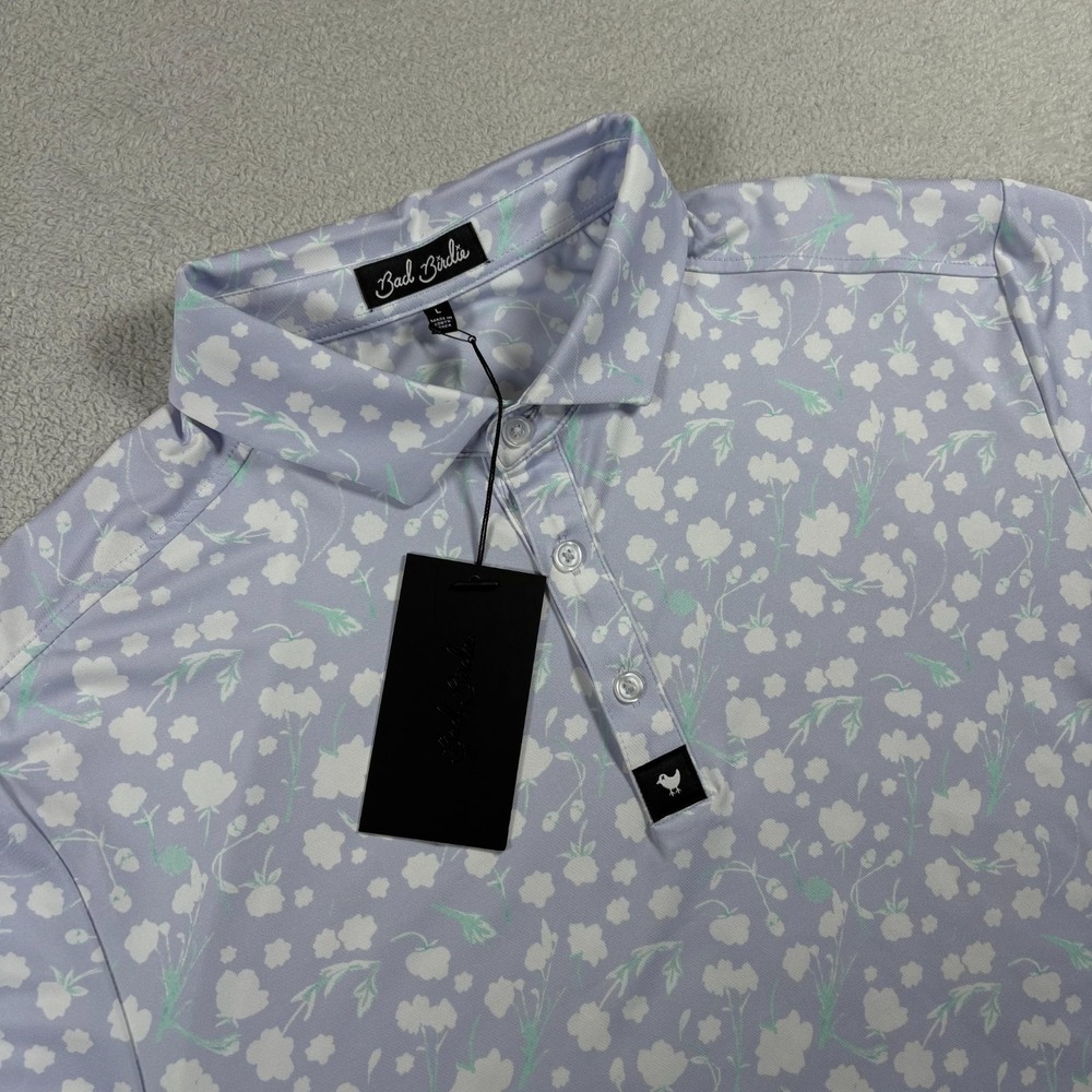 Bad Birdie Baby Lush Core Polo Shirt Mens Large Purple Floral‎ Moisture Wicking